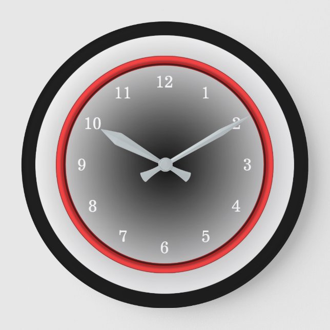 Black White and Silver Gray with Red Trim Large Clock (Front)