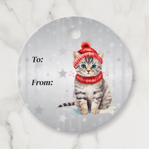 Black White and Tan Tiger Kitty with Hat and Scarf Favor Tags