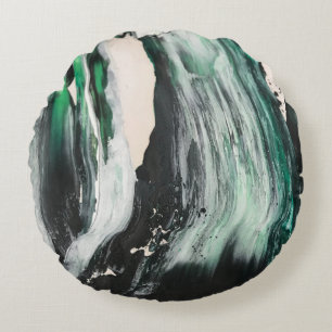 Black, white, and teal abstract painting round pillow