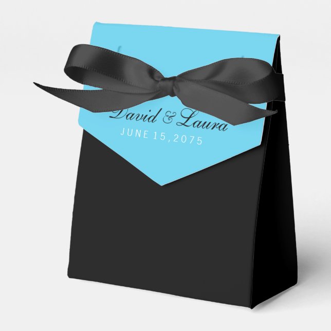 Black White and Teal Blue Wedding Favor Boxes (Front Side)