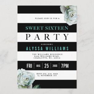 Black White and Teal Roses Sweet 16 Party Invitation