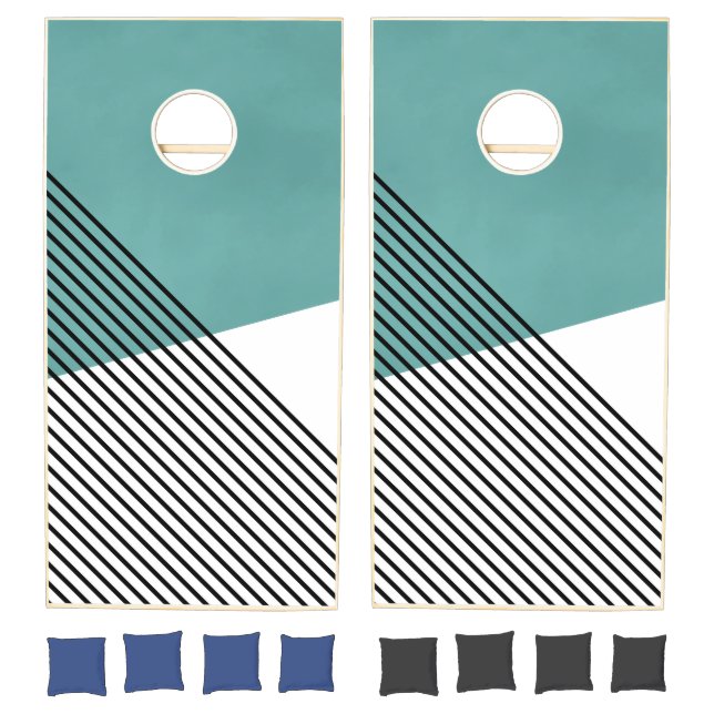Black, white and turquoise simple geometric art cornhole set (Set)