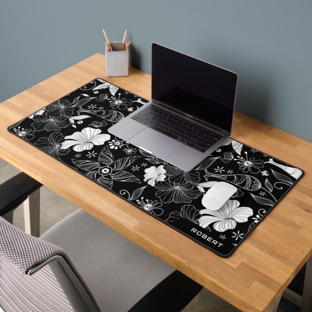 Black, white and white exotic flowers pattern desk mat (Office 2)