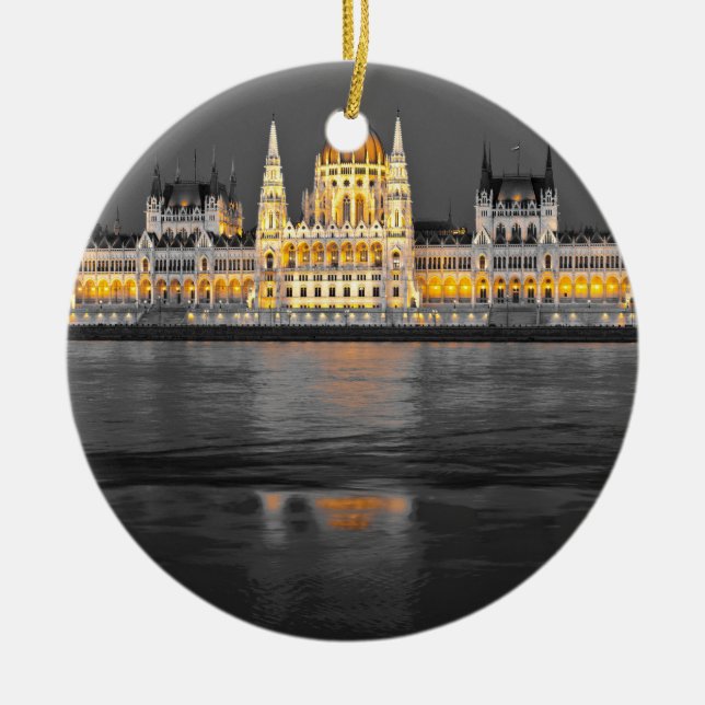 Black, White and Yellow Budapest Lights Ceramic Ornament (Front)