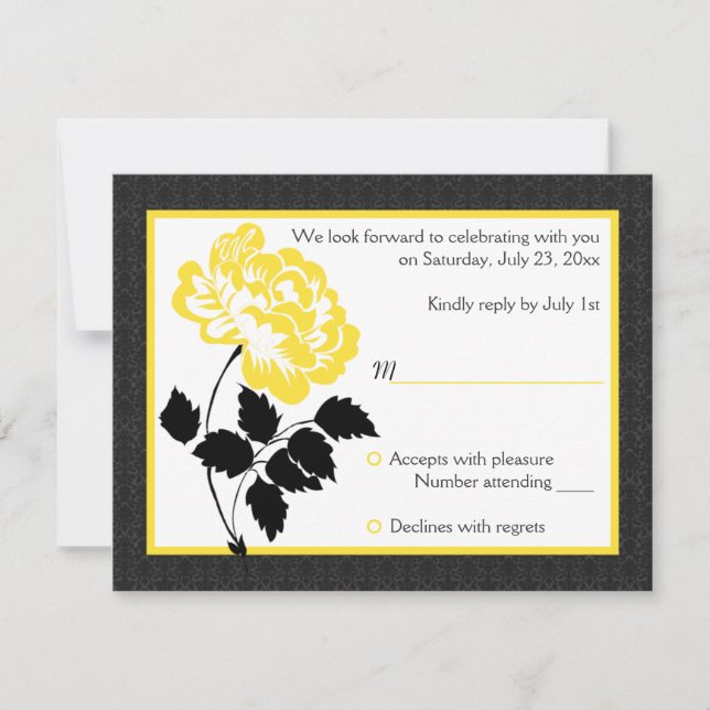 Black, White and Yellow Peony Reply Card (Front)