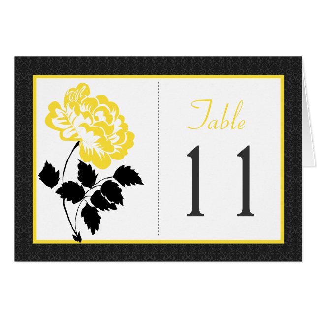 Black, White, and Yellow Peony Table Number Card (Front Horizontal)