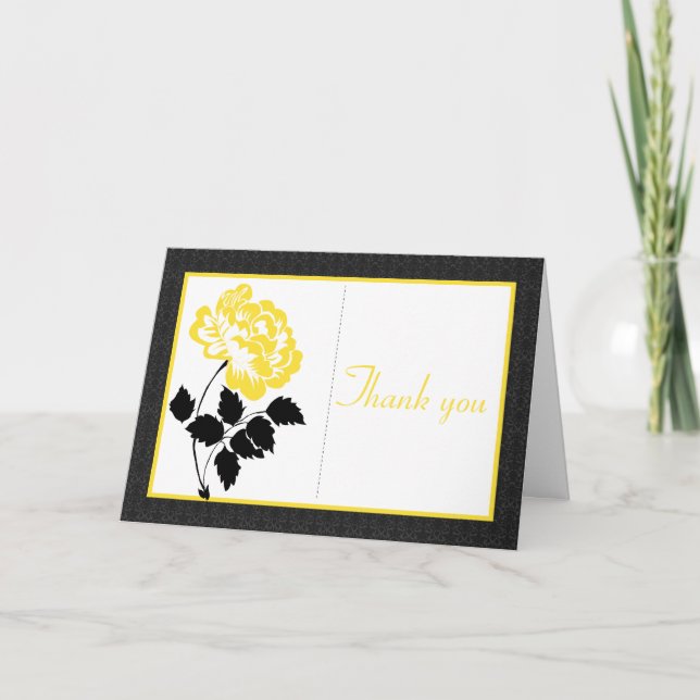 Black, White and Yellow Peony Thank You Card (Front)