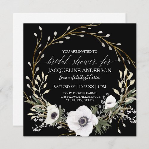 Black White Anemone Eucalyptus Greenery Bridal Tea Invitation