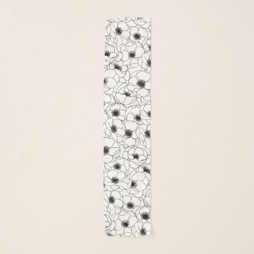 Black White Anemone Floral Hand Drawn Pattern Scarf