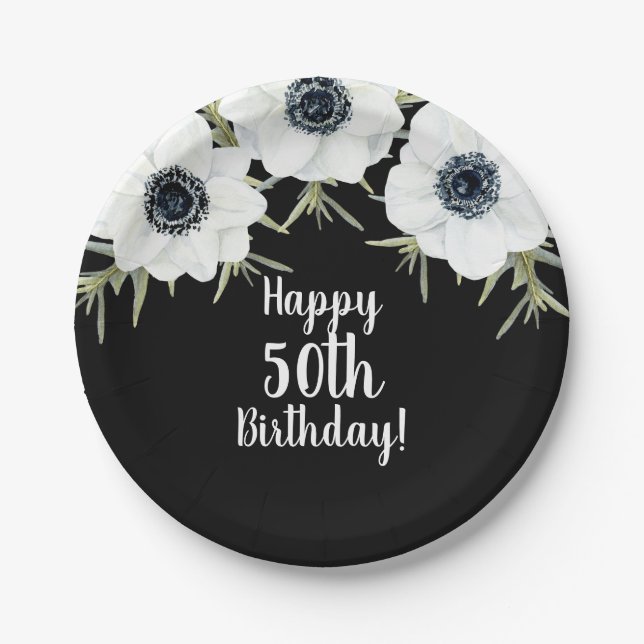 Black & White Anemones Botanical Floral Paper Plates (Front)