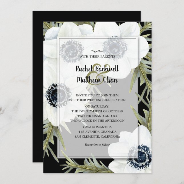 Black & White Anemones Botanical Wedding Invites (Front/Back)