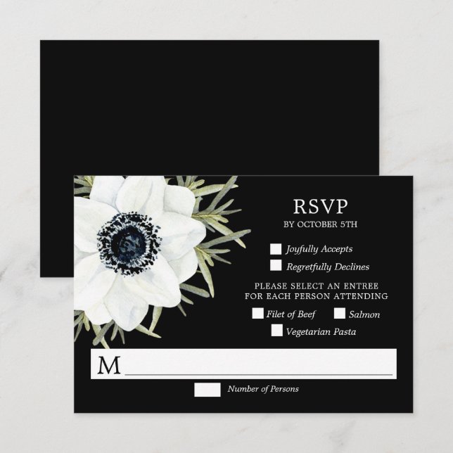 Black & White Anemones Botanical Wedding RSVP Card (Front/Back)