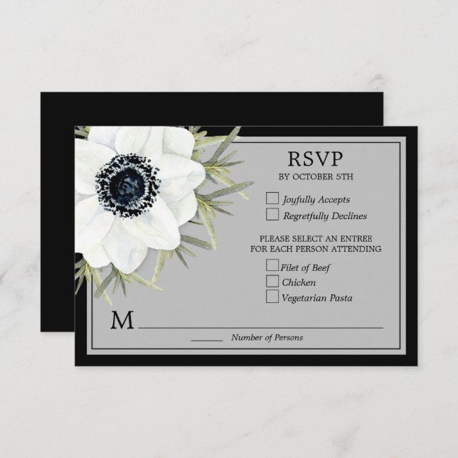 Black & White Anemones Botanical Wedding RSVP Card (Front/Back)