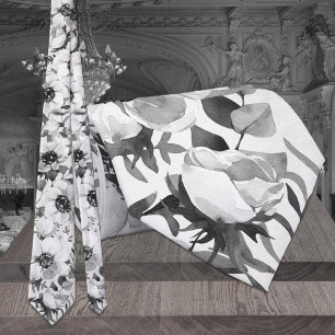 Black & White Anemones Eucalyptus Floral Wedding Neck Tie
