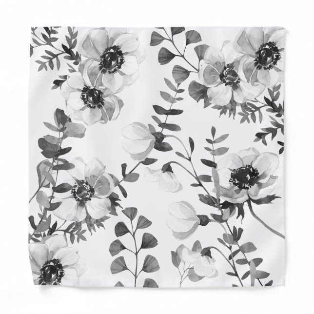 Black & White Anemones Eucalyptus Pocket Square Bandana (Front)