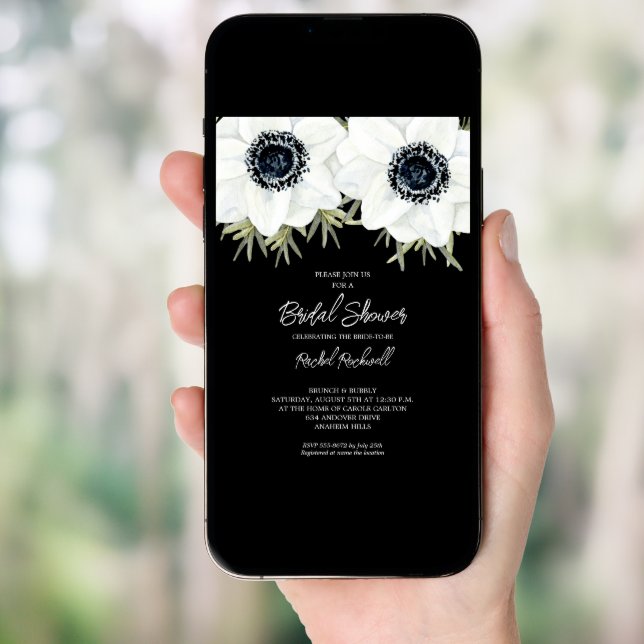 Black White Anemones Floral Bridal Shower Invitation (Front Digital)