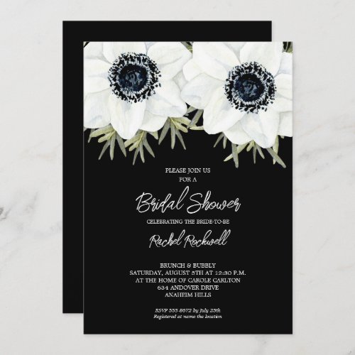 Black White Anemones Floral Bridal Shower Invitation