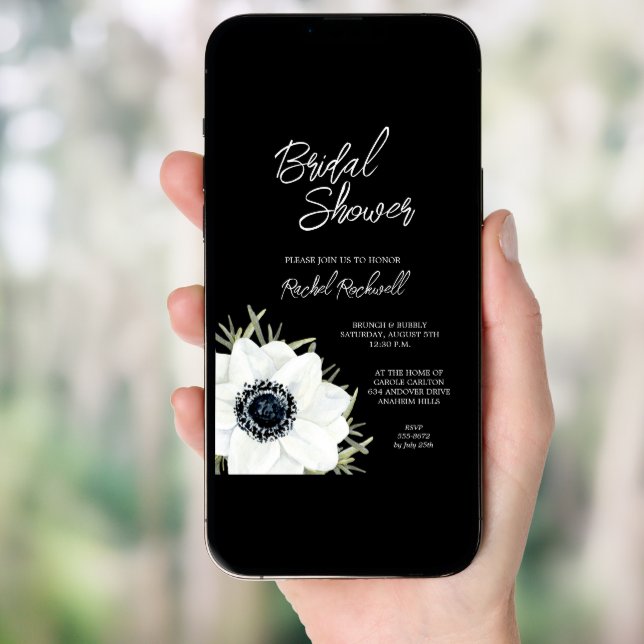 Black White Anemones Floral Bridal Shower Invitation (Front Digital)