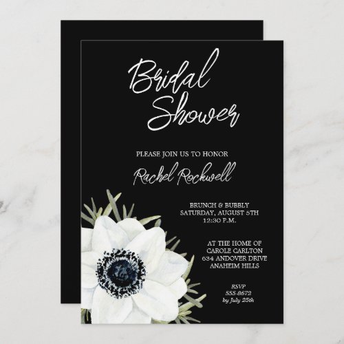 Black White Anemones Floral Bridal Shower Invitation