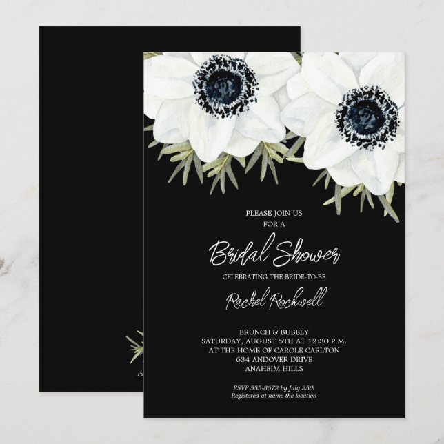 Black White Anemones Floral Bridal Shower Invites (Front/Back)