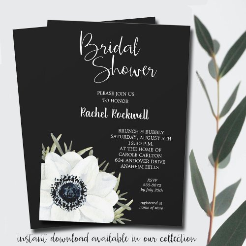 Black White Anemones Floral Bridal Shower Invites