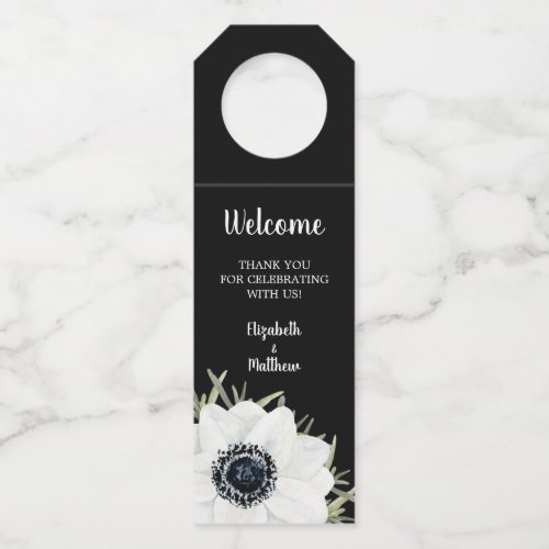 Black White Anemones Floral Wedding Bottle Hanger 