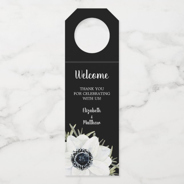 Black White Anemones Floral Wedding Bottle Hanger  (Front)