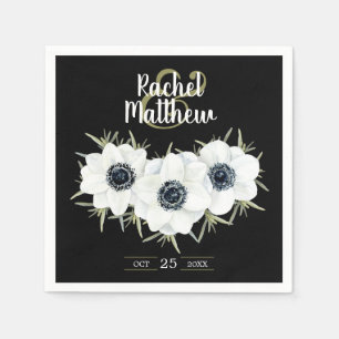 Black & White Anemones Watercolor Wedding Napkins
