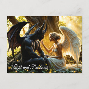 Black white angel demon mystical forest postcard
