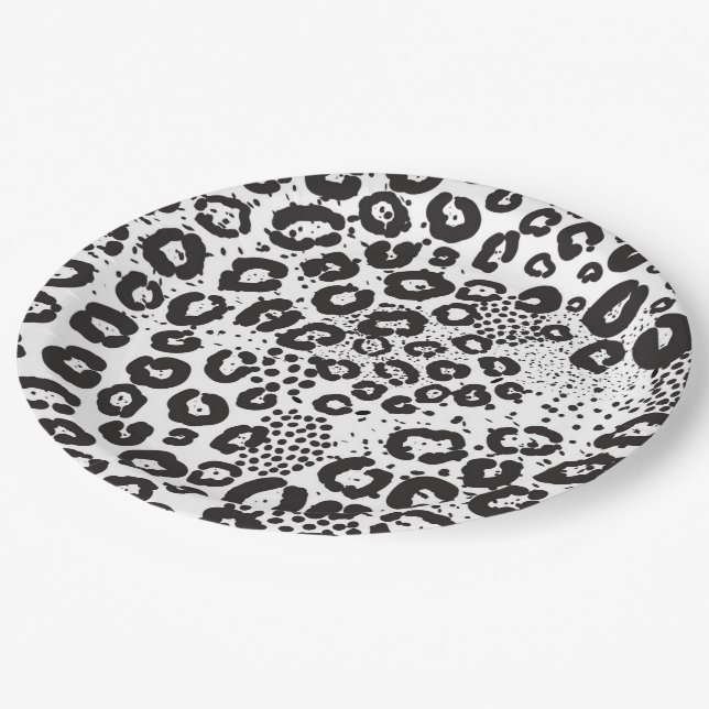 Black White Animal Print Snow Leopard Cheetah Paper Plates (Angled)