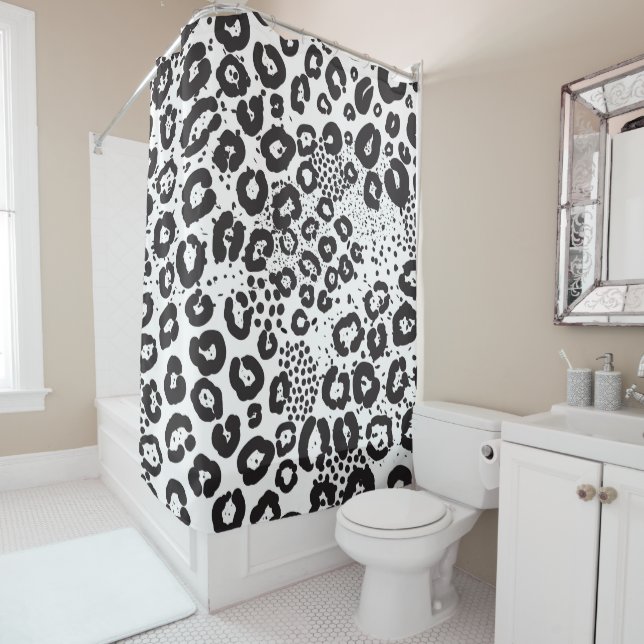 Black White Animal Print Snow Leopard Cheetah Shower Curtain (In Situ)