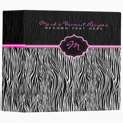 Black  White Animal Print  Zebra Pattern Monogram 3 Ring Binder