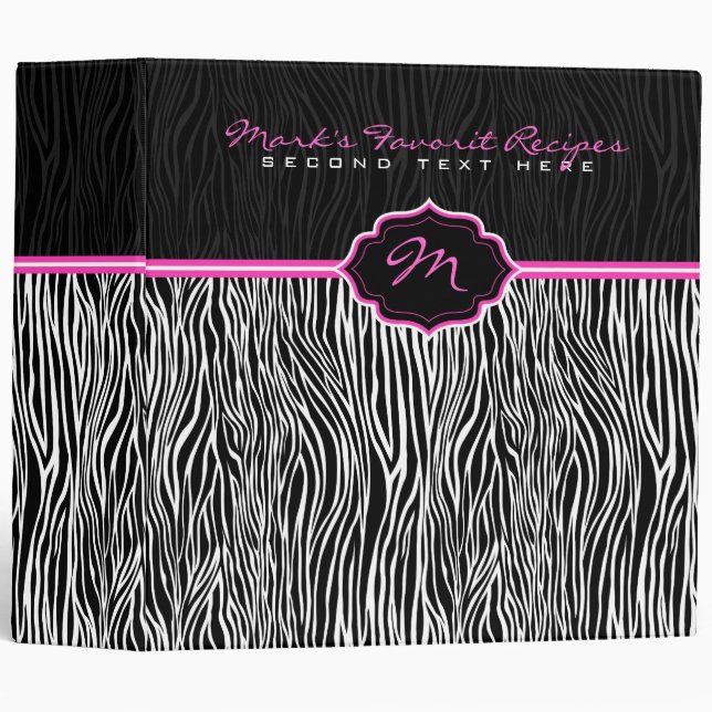 Black & White Animal Print  Zebra Pattern Monogram 3 Ring Binder (Front/Spine)