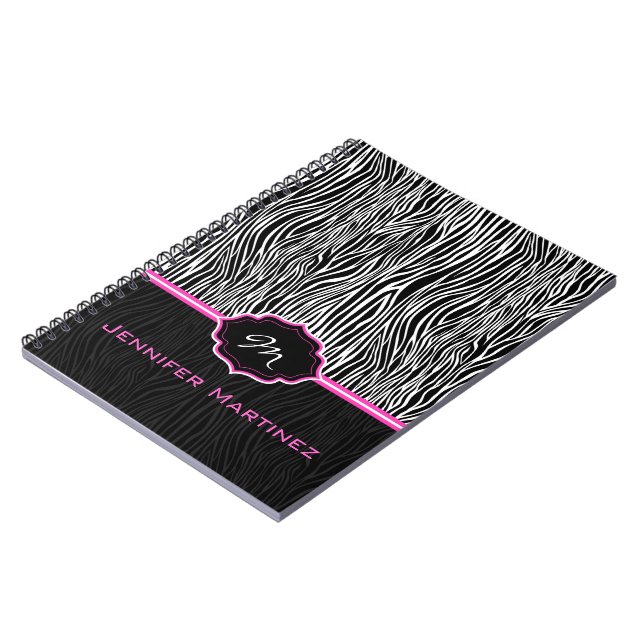 Black & White Animal Print  Zebra Pattern Monogram Notebook (Left Side)