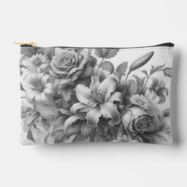 Black & White Antique Floral Perfection Accessory Pouch (Front)