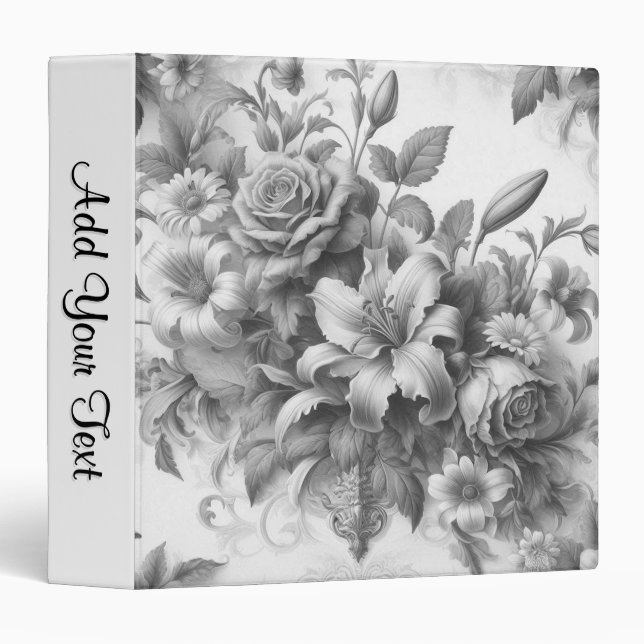 Black & White Antique Floral Perfection Add Script 3 Ring Binder (Front/Spine)