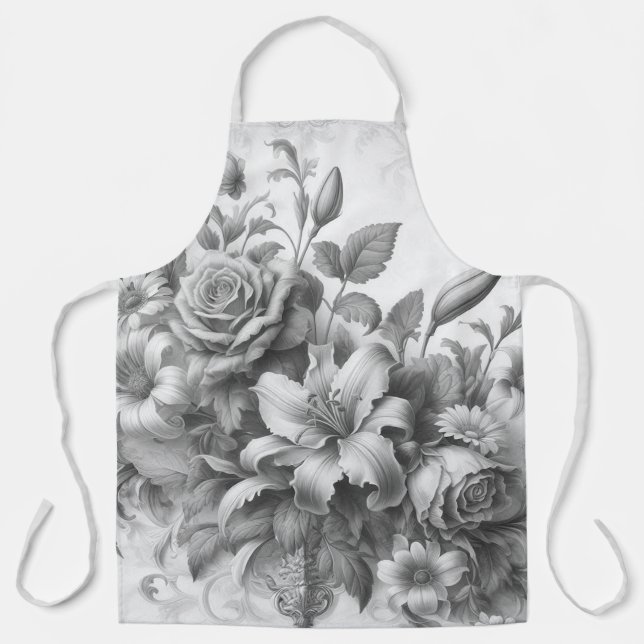 Black & White Antique Floral Perfection Apron (Front)