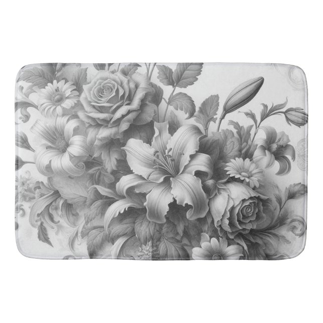 Black & White Antique Floral Perfection Bath Mat (Front)