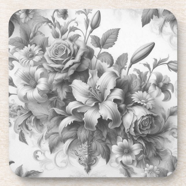 Black & White Antique Floral Perfection Beverage Coaster (Front)