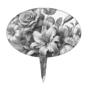 Black & White Antique Floral Perfection Cake Topper
