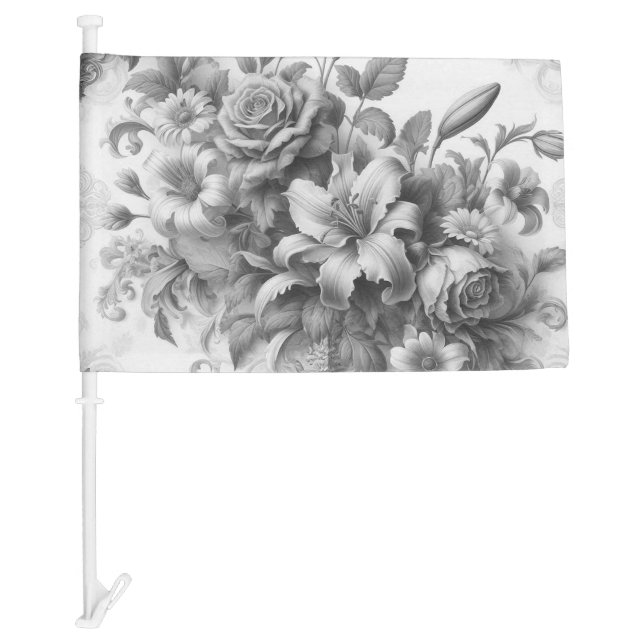 Black & White Antique Floral Perfection Car Flag (Front)