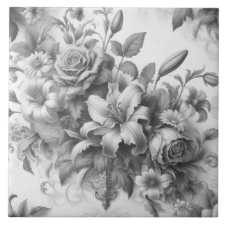 Black & White Antique Floral Perfection Ceramic Tile
