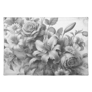 Black & White Antique Floral Perfection Cloth Placemat