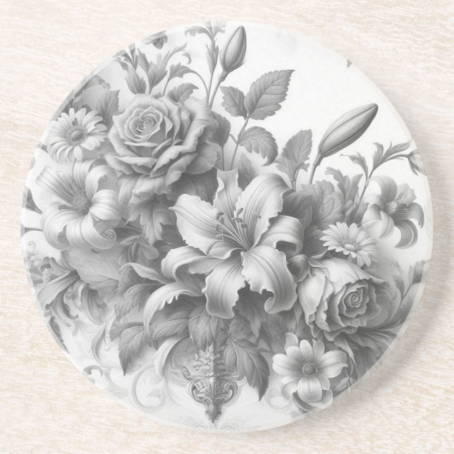 Black & White Antique Floral Perfection Coaster (Front)