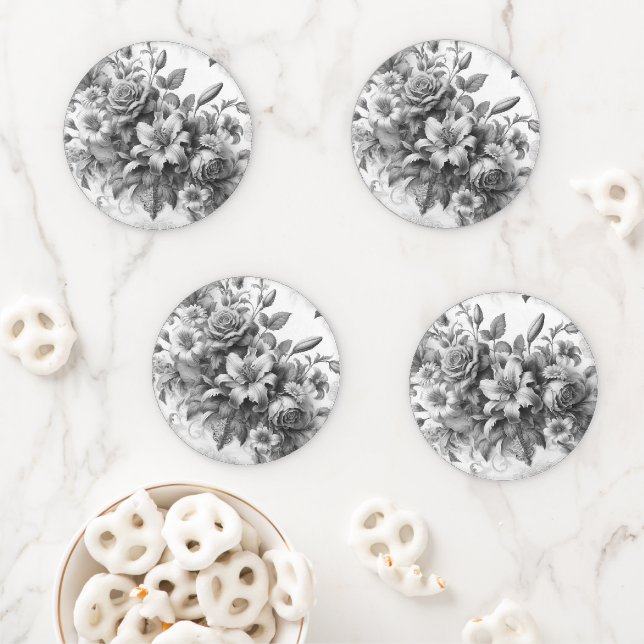 Black & White Antique Floral Perfection Coaster Set (In Situ)