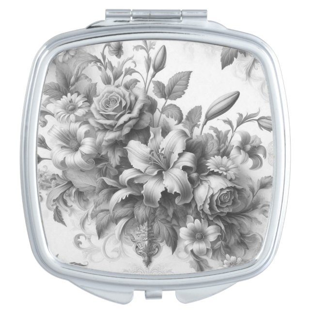 Black & White Antique Floral Perfection Compact Mirror (Front)