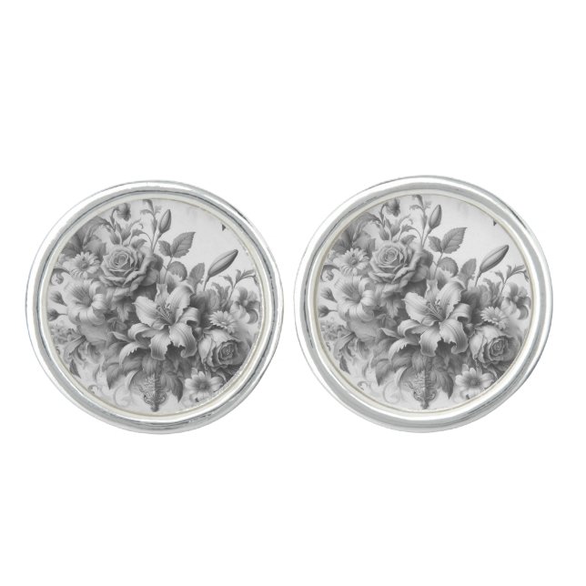 Black & White Antique Floral Perfection Cufflinks (Front)