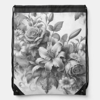Black & White Antique Floral Perfection Drawstring Bag