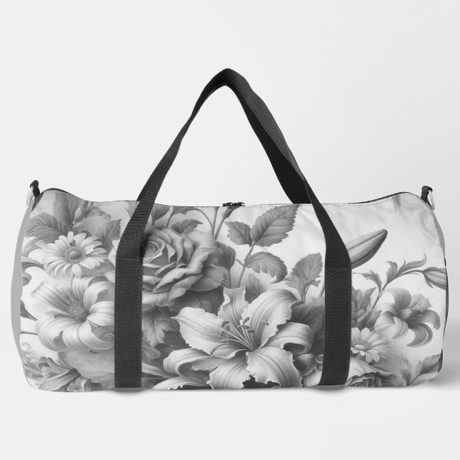 Black & White Antique Floral Perfection Duffle Bag (Front)