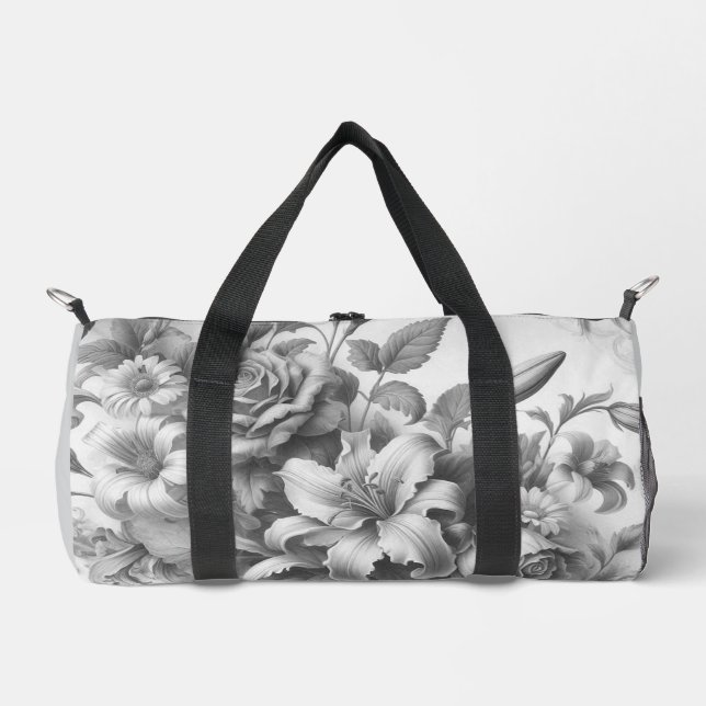 Black & White Antique Floral Perfection Duffle Bag (Front)